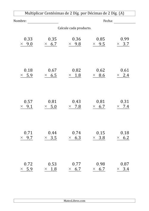La hoja de ejercicios de Multiplicar Centésimas de 2 Díg. por Décimas de 2 Díg. (A)