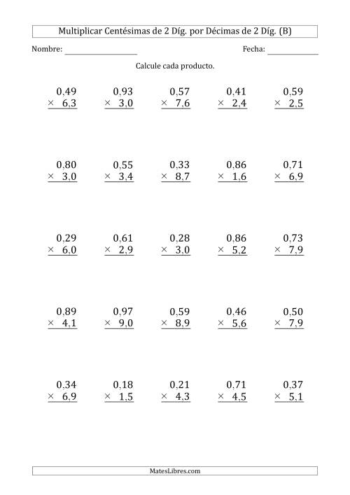 La hoja de ejercicios de Multiplicar Centésimas de 2 Díg. por Décimas de 2 Díg. (B)