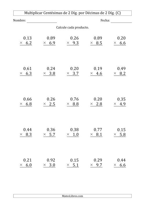 La hoja de ejercicios de Multiplicar Centésimas de 2 Díg. por Décimas de 2 Díg. (C)