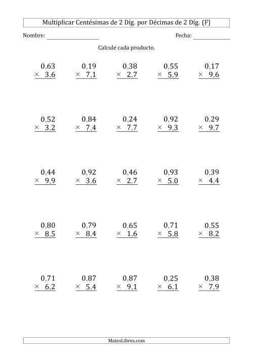 La hoja de ejercicios de Multiplicar Centésimas de 2 Díg. por Décimas de 2 Díg. (F)