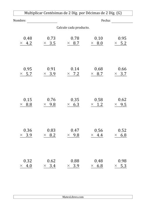 La hoja de ejercicios de Multiplicar Centésimas de 2 Díg. por Décimas de 2 Díg. (G)