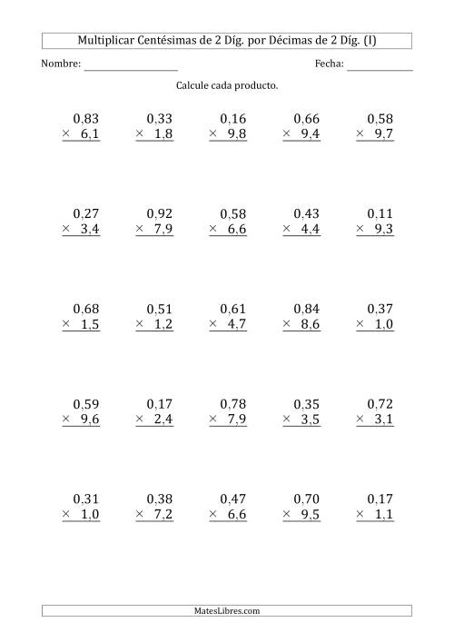 La hoja de ejercicios de Multiplicar Centésimas de 2 Díg. por Décimas de 2 Díg. (I)