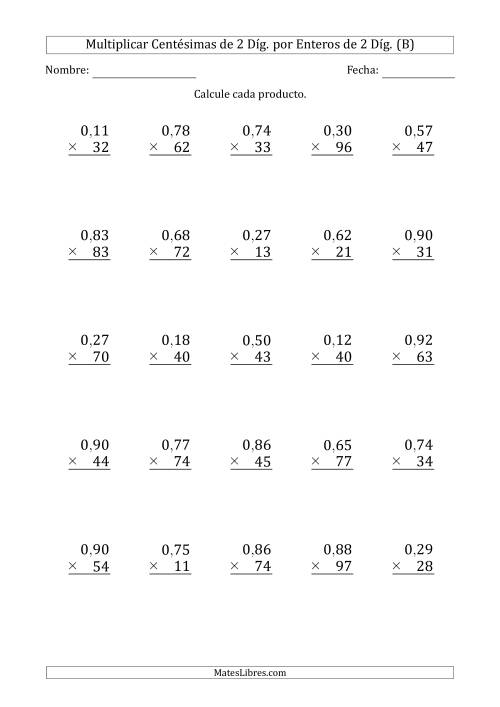 La hoja de ejercicios de Multiplicar Centésimas de 2 Díg. por Enteros de 2 Díg. (B)