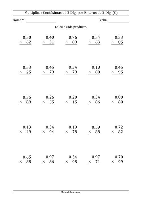La hoja de ejercicios de Multiplicar Centésimas de 2 Díg. por Enteros de 2 Díg. (C)