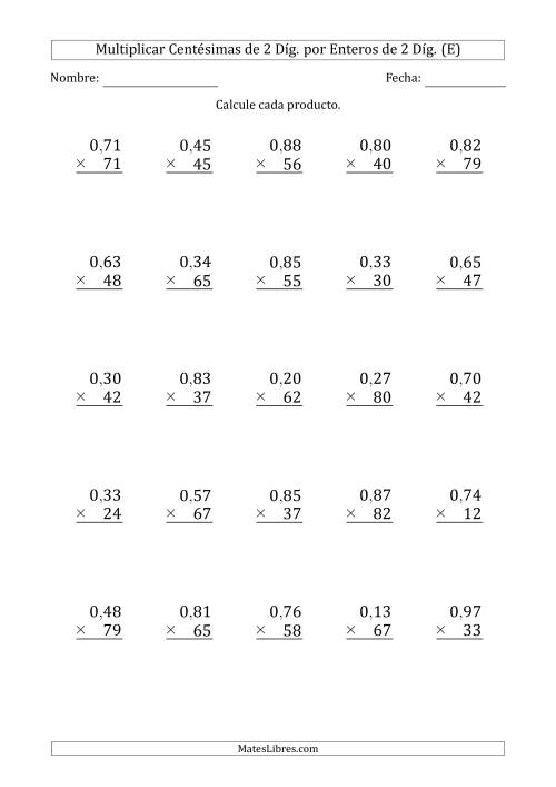 La hoja de ejercicios de Multiplicar Centésimas de 2 Díg. por Enteros de 2 Díg. (E)