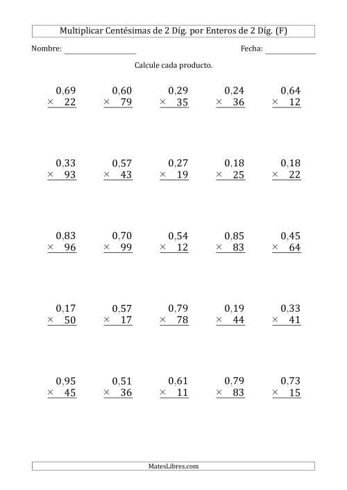 La hoja de ejercicios de Multiplicar Centésimas de 2 Díg. por Enteros de 2 Díg. (F)