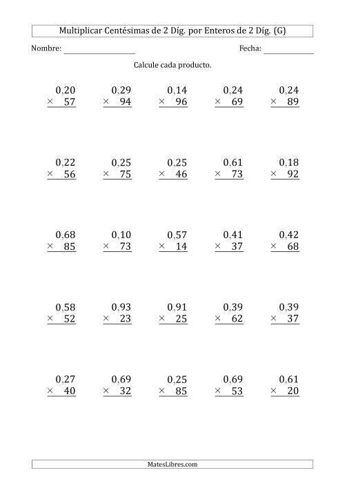 La hoja de ejercicios de Multiplicar Centésimas de 2 Díg. por Enteros de 2 Díg. (G)