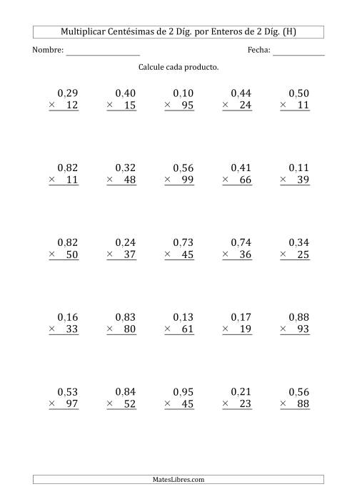 La hoja de ejercicios de Multiplicar Centésimas de 2 Díg. por Enteros de 2 Díg. (H)