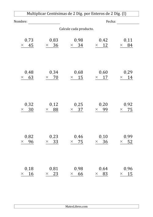 La hoja de ejercicios de Multiplicar Centésimas de 2 Díg. por Enteros de 2 Díg. (I)