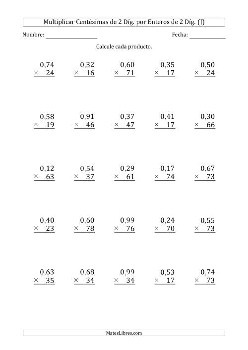 La hoja de ejercicios de Multiplicar Centésimas de 2 Díg. por Enteros de 2 Díg. (J)