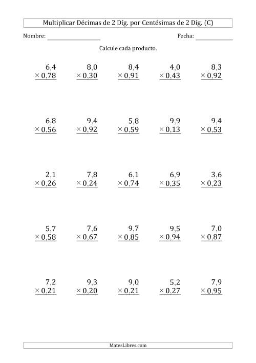 La hoja de ejercicios de Multiplicar Décimas de 2 Díg. por Centésimas de 2 Díg. (C)