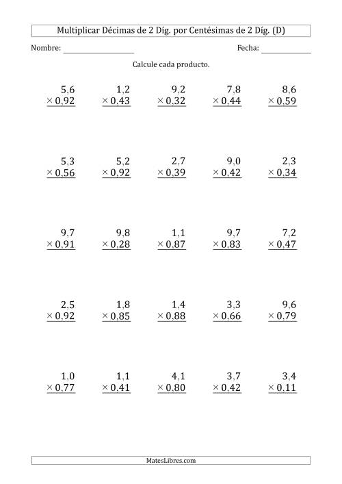 La hoja de ejercicios de Multiplicar Décimas de 2 Díg. por Centésimas de 2 Díg. (D)