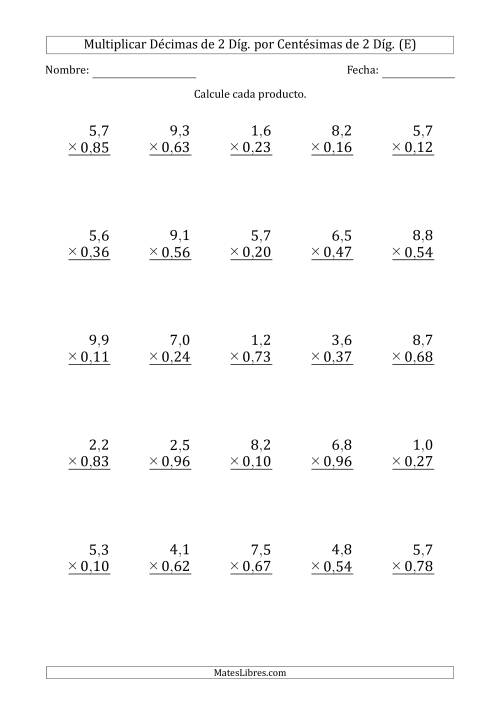 La hoja de ejercicios de Multiplicar Décimas de 2 Díg. por Centésimas de 2 Díg. (E)