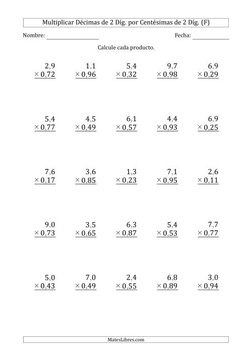 La hoja de ejercicios de Multiplicar Décimas de 2 Díg. por Centésimas de 2 Díg. (F)