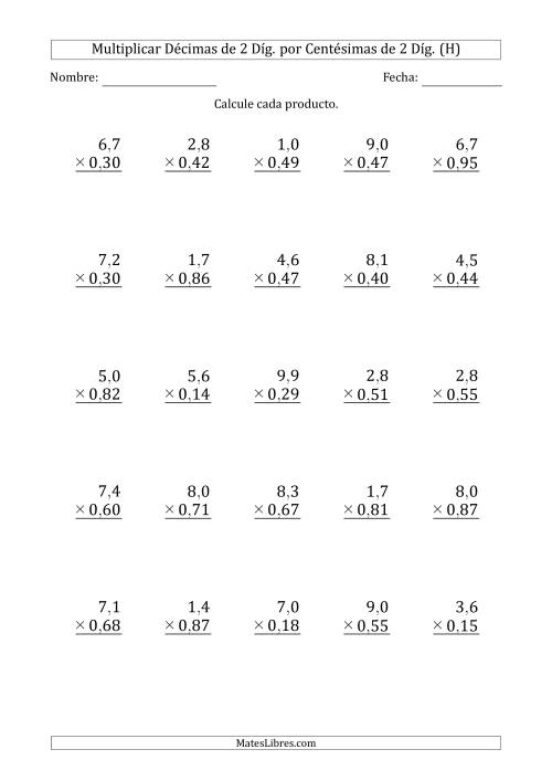La hoja de ejercicios de Multiplicar Décimas de 2 Díg. por Centésimas de 2 Díg. (H)