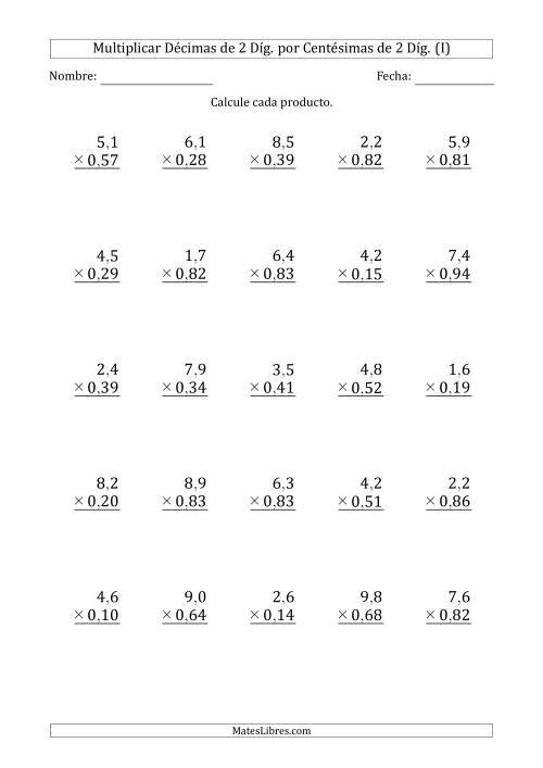 La hoja de ejercicios de Multiplicar Décimas de 2 Díg. por Centésimas de 2 Díg. (I)