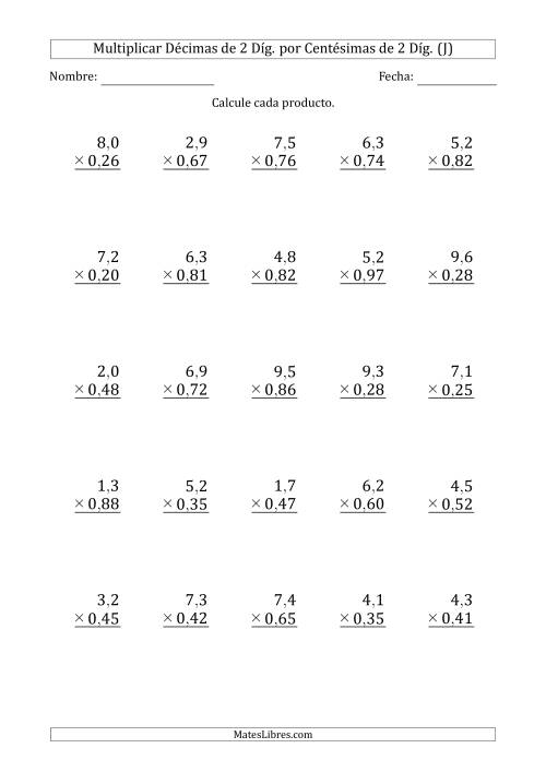 La hoja de ejercicios de Multiplicar Décimas de 2 Díg. por Centésimas de 2 Díg. (J)