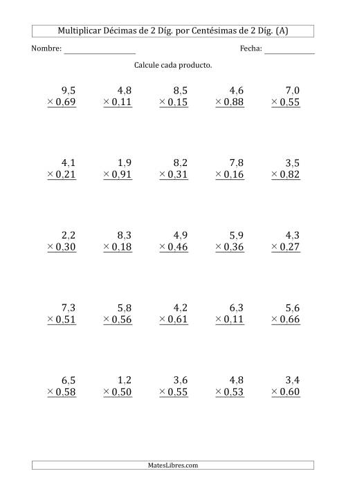 La hoja de ejercicios de Multiplicar Décimas de 2 Díg. por Centésimas de 2 Díg. (Todas)