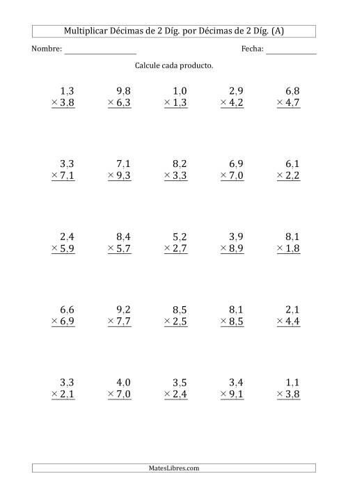 La hoja de ejercicios de Multiplicar Décimas de 2 Díg. por Décimas de 2 Díg. (A)