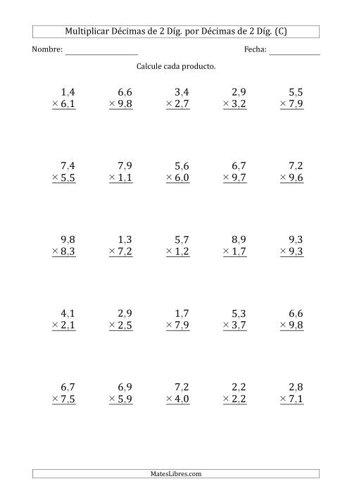 La hoja de ejercicios de Multiplicar Décimas de 2 Díg. por Décimas de 2 Díg. (C)
