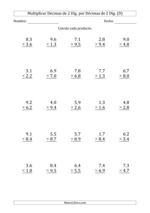 La hoja de ejercicios de Multiplicar Décimas de 2 Díg. por Décimas de 2 Díg. (D)