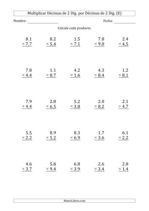 La hoja de ejercicios de Multiplicar Décimas de 2 Díg. por Décimas de 2 Díg. (E)