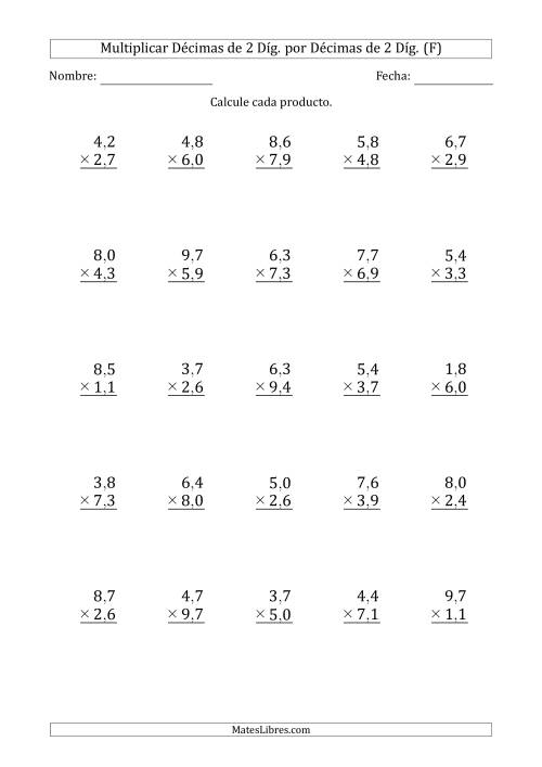 La hoja de ejercicios de Multiplicar Décimas de 2 Díg. por Décimas de 2 Díg. (F)