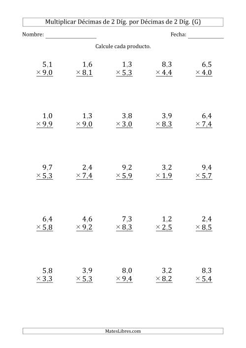 La hoja de ejercicios de Multiplicar Décimas de 2 Díg. por Décimas de 2 Díg. (G)