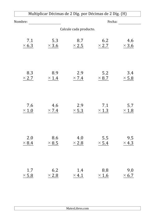 La hoja de ejercicios de Multiplicar Décimas de 2 Díg. por Décimas de 2 Díg. (H)