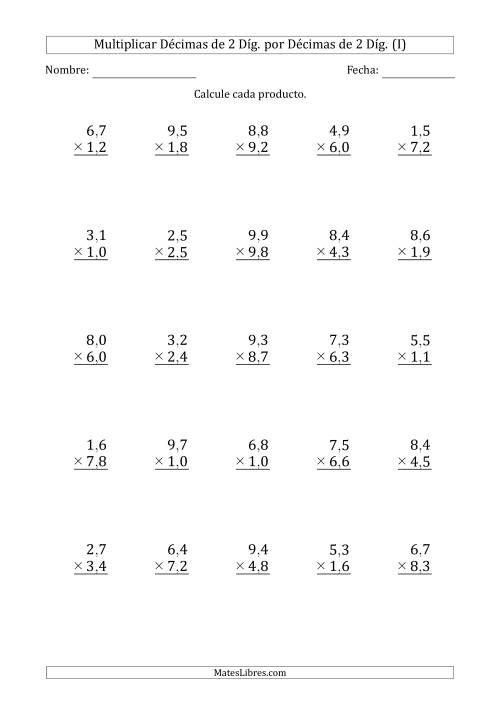 La hoja de ejercicios de Multiplicar Décimas de 2 Díg. por Décimas de 2 Díg. (I)