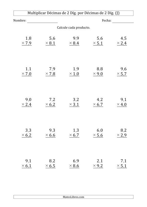 La hoja de ejercicios de Multiplicar Décimas de 2 Díg. por Décimas de 2 Díg. (J)