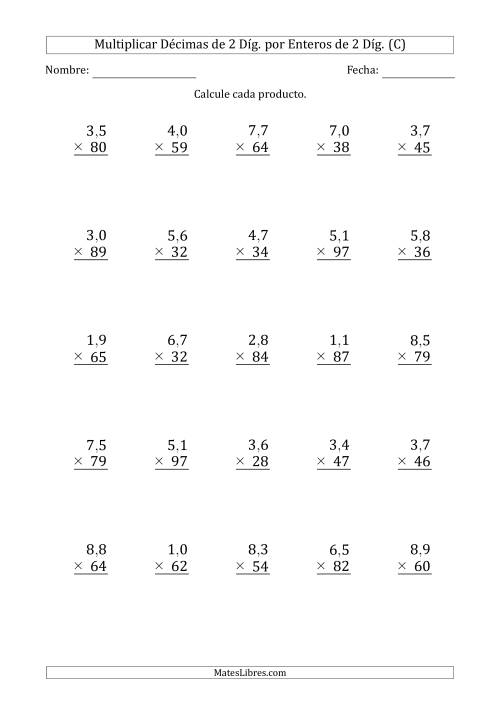 La hoja de ejercicios de Multiplicar Décimas de 2 Díg. por Enteros de 2 Díg. (C)