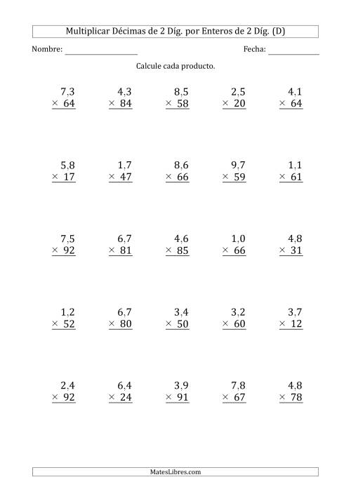 La hoja de ejercicios de Multiplicar Décimas de 2 Díg. por Enteros de 2 Díg. (D)