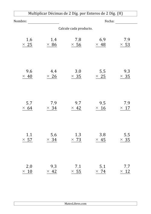 La hoja de ejercicios de Multiplicar Décimas de 2 Díg. por Enteros de 2 Díg. (H)