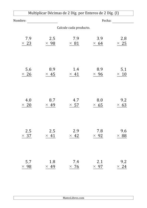 La hoja de ejercicios de Multiplicar Décimas de 2 Díg. por Enteros de 2 Díg. (I)