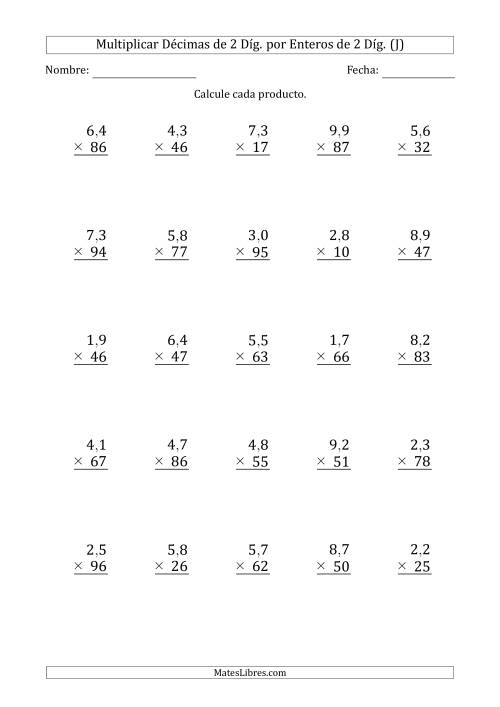 La hoja de ejercicios de Multiplicar Décimas de 2 Díg. por Enteros de 2 Díg. (J)