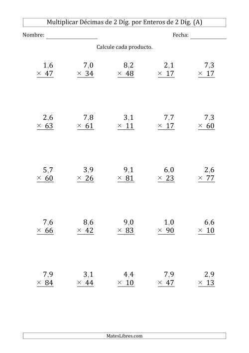 La hoja de ejercicios de Multiplicar Décimas de 2 Díg. por Enteros de 2 Díg. (Todas)