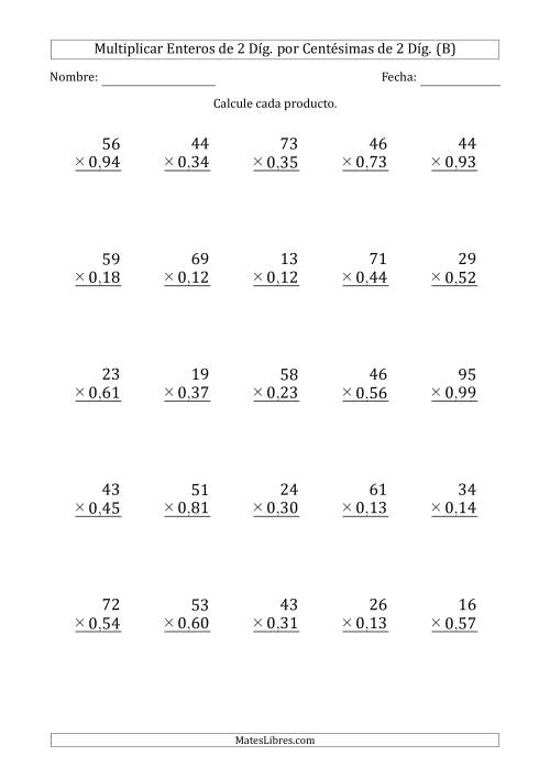 La hoja de ejercicios de Multiplicar Enteros de 2 Díg. por Centésimas de 2 Díg. (B)