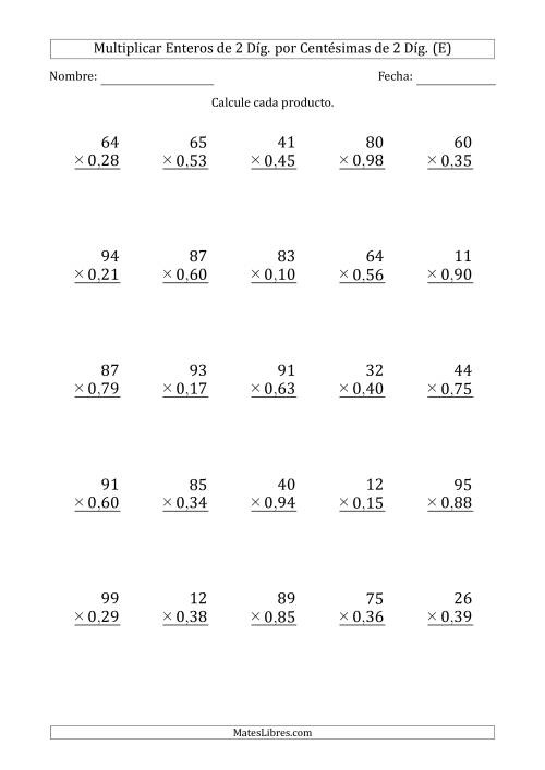 La hoja de ejercicios de Multiplicar Enteros de 2 Díg. por Centésimas de 2 Díg. (E)