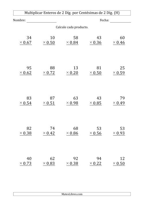 La hoja de ejercicios de Multiplicar Enteros de 2 Díg. por Centésimas de 2 Díg. (H)