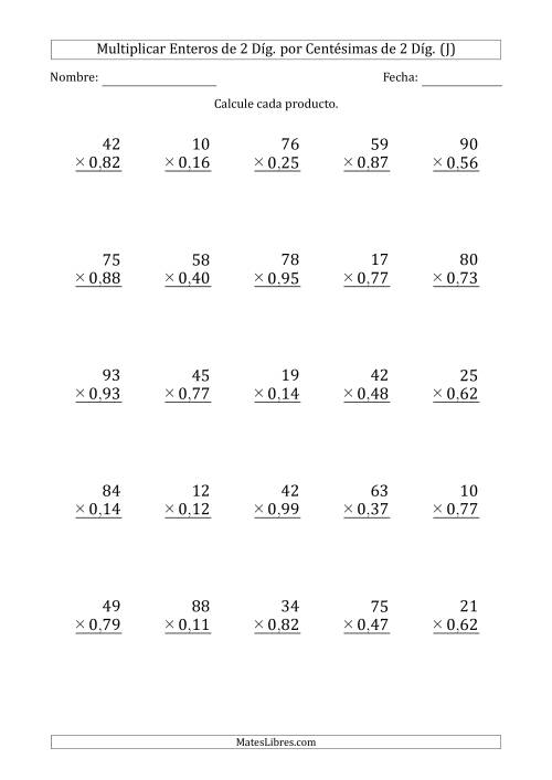 La hoja de ejercicios de Multiplicar Enteros de 2 Díg. por Centésimas de 2 Díg. (J)