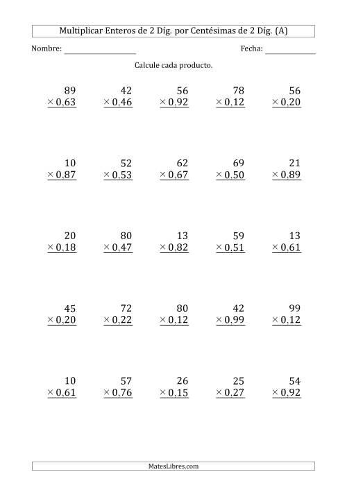 La hoja de ejercicios de Multiplicar Enteros de 2 Díg. por Centésimas de 2 Díg. (Todas)
