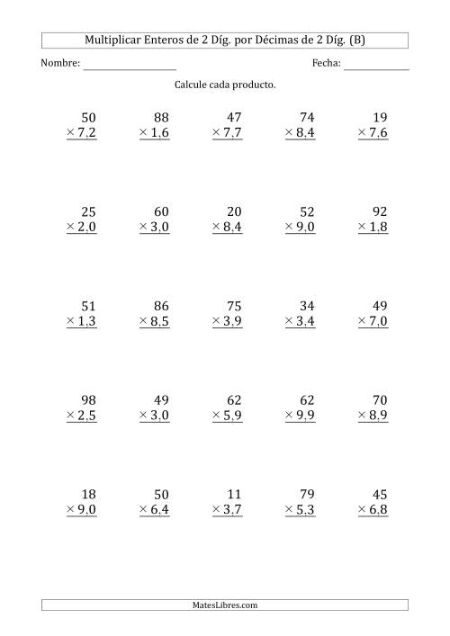 La hoja de ejercicios de Multiplicar Enteros de 2 Díg. por Décimas de 2 Díg. (B)