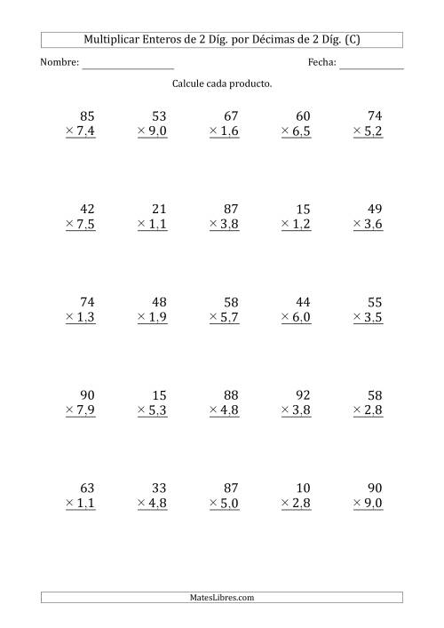 La hoja de ejercicios de Multiplicar Enteros de 2 Díg. por Décimas de 2 Díg. (C)