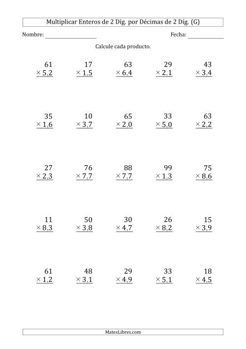 La hoja de ejercicios de Multiplicar Enteros de 2 Díg. por Décimas de 2 Díg. (G)