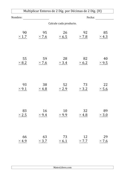 La hoja de ejercicios de Multiplicar Enteros de 2 Díg. por Décimas de 2 Díg. (H)