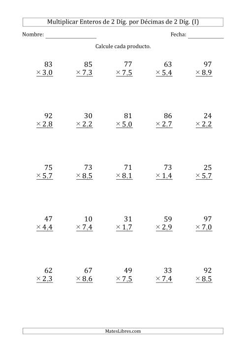 La hoja de ejercicios de Multiplicar Enteros de 2 Díg. por Décimas de 2 Díg. (I)
