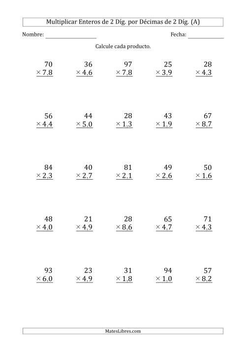 La hoja de ejercicios de Multiplicar Enteros de 2 Díg. por Décimas de 2 Díg. (Todas)