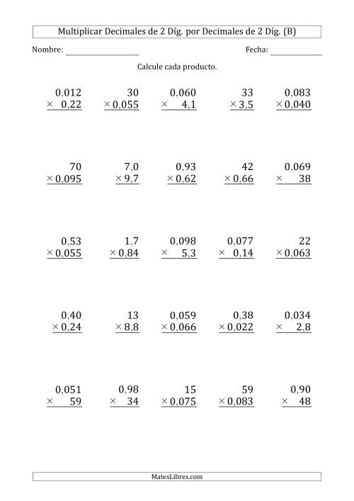 La hoja de ejercicios de Multiplicar Decimales de 2 Díg. por Decimales de 2 Díg. (B)