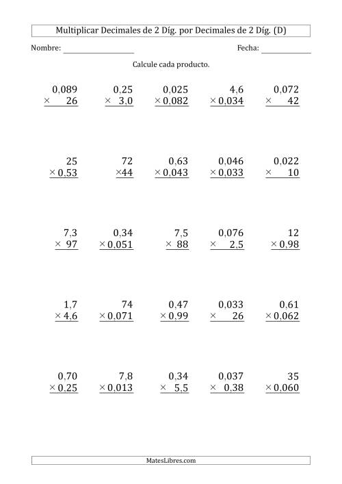 La hoja de ejercicios de Multiplicar Decimales de 2 Díg. por Decimales de 2 Díg. (D)